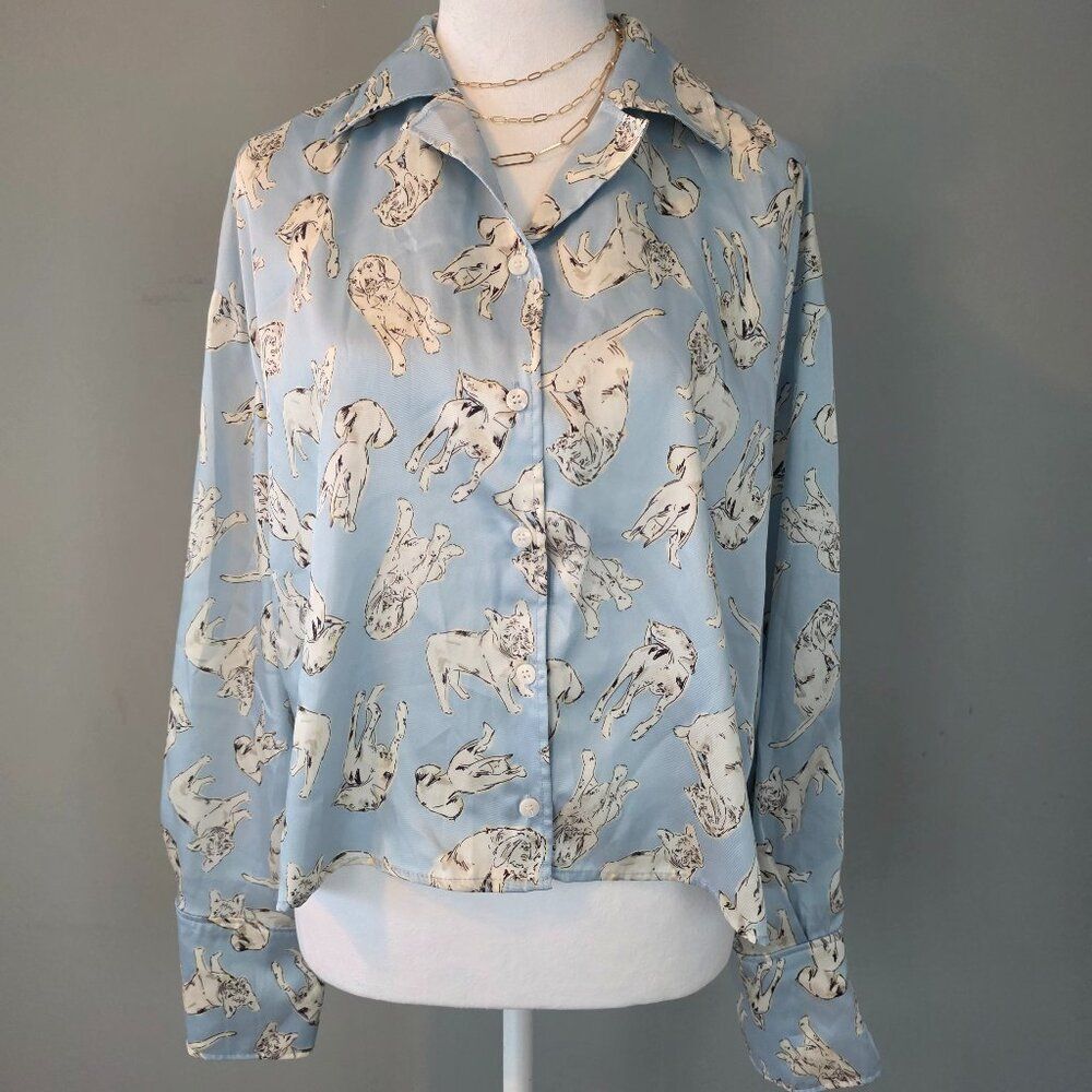 ZARA UK Blue Satin Cropped Blouse. SM Dog Animal Novelty Print Office Work Cute